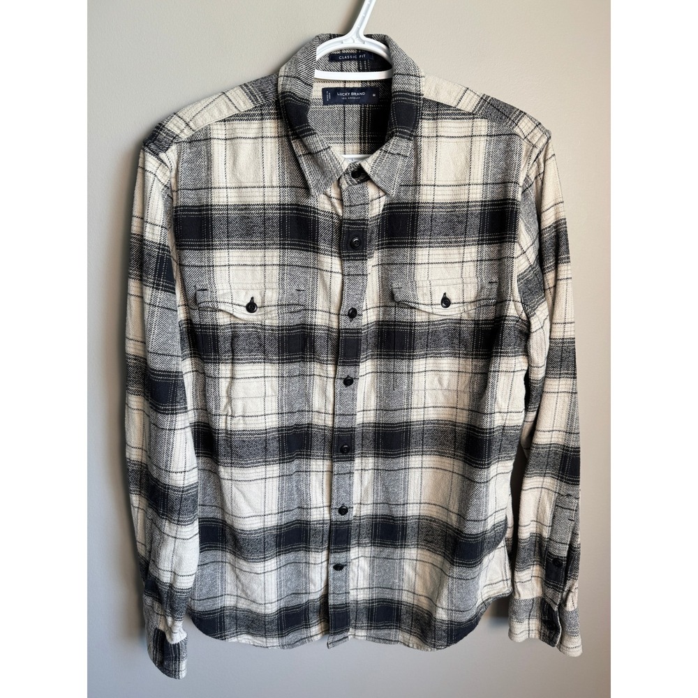 Lucky Brand Mens Cream Gray Plaid Flannel Shirt Size M Grunge Lumberjack Rustic